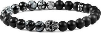 Crucible Jewelry Single Skull Stretch Bracelet with 8mm Matte Black Onyx and Snowflake Agate Beads