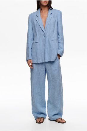 Bimba & Lola Striped Washed Linen Barrel Trousers in Light Blue at Nordstrom, Size 40 Eu