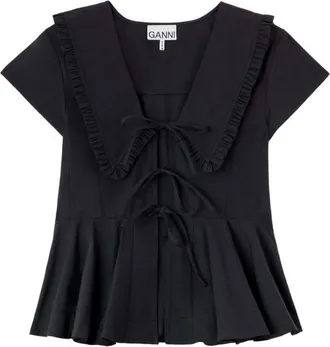 Ganni Black Solid V Neck Top