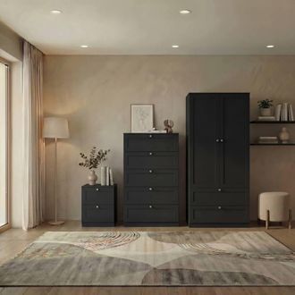 Home Discount Vida Designs Altino 3Pc Bedroom Set(2Dr Bedside, 5Dr Chest, Wardrobe) in Black
