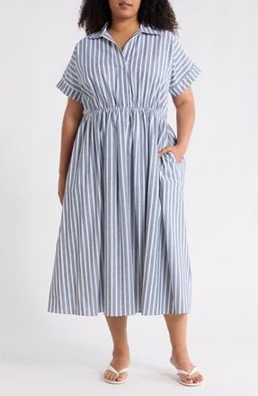 Renee C Stripe Short Sleeve Cotton & Linen Midi Dress in Denim at Nordstrom Rack, Size 1X
