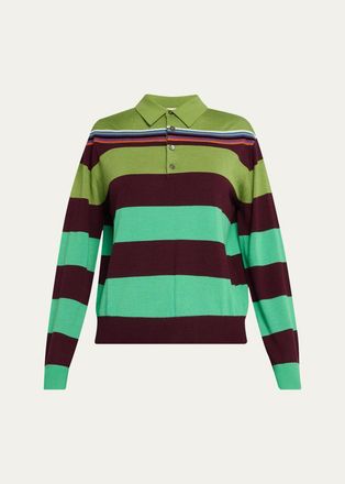 Christopher John Rogers Big Striped Wool-Silk Long-Sleee Polo Sweater