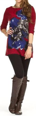 Papillon Flower Placement Print 3/4 Sleeve Sweater Dress In Red