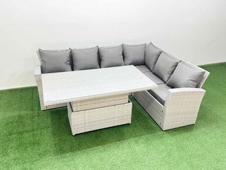 Fimous 6 Seat Rattan Garden Furniture Corner Sofa Set Light Grey