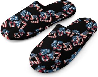 Generic 45 47 Vintage U.S. Flag Flannel Mens Slip-on Slippers Winter Warm House Shoes with Rubber Sole for Home Hotel