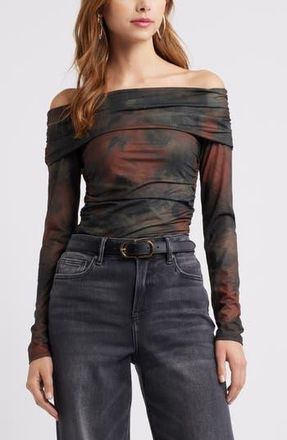 Open Edit Off the Shoulder Knit Top in Olive- Rust Mineralized Print at Nordstrom Rack, Size Large