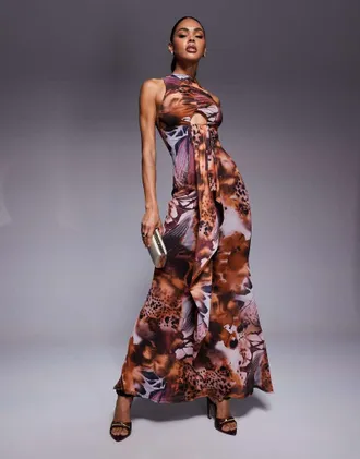 Asos Vestito lungo accollato allacciato al collo con stampa animalier e volant sul davanti-Multicolore