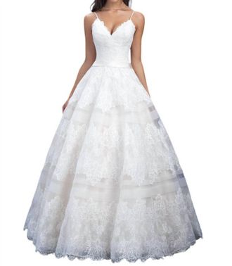 Allure Bridals Lace Ballgown With Sheer Chiffon Stripes In Champagne/ivory