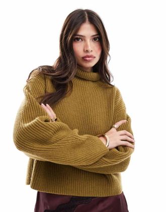 & Other Stories wool knit ribbed funnel neck sweater with split back neck and volume sleeves in olive green