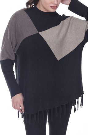 Rain + Rose Colorblock Fringe Trim Sweater in Brown at Nordstrom, Size X-Large