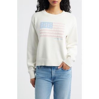 LoveShackFancy Ty Intarsia Flag Cotton Crewneck Sweater in Ivory Dreams at Nordstrom, Size Xx-Small