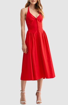 All in Favor Halter Button Front Midi Dress in Red at Nordstrom, Size X-Small