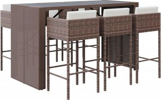 vidaXL Mesa y taburetes altos jardín 7 pzas y cojines ratán pe marrón Vidaxl