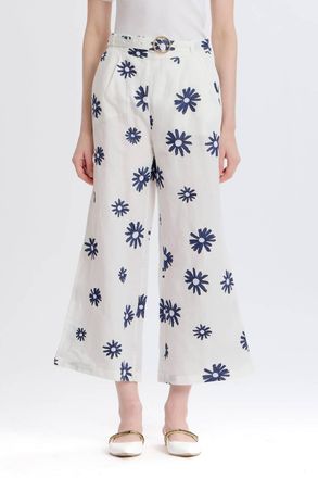 Something Navy Embroidered Wide Leg Pants In White Combo
