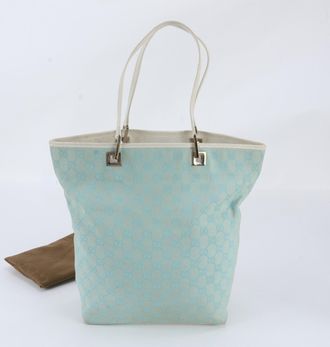Gucci Light Blue Leather Canvas Handbag Shoulder Bag Tote Bag (Pre-Owned)