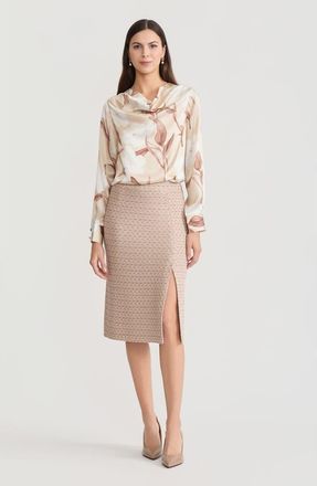 Misook Draped Neck Floral Print Silk Blouse in Biscotti/charmeuse at Nordstrom, Size Xx-Large