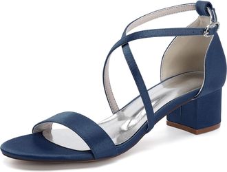 Generic Bridal Chunky Heels Women Wedding Satin Peep Toe Low Heel Sandals Prom Party Dressy Walking Shoes 4.5Cm,Dark Blue,8 UK