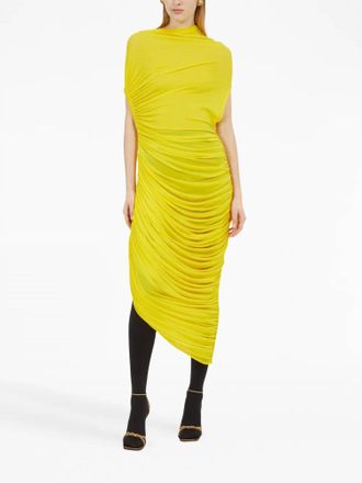 Ferragamo Asymmetric Draped Midi Dress In Yellow