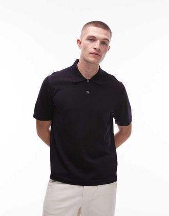 Arket merino wool knit long sleeve polo shirt in navy
