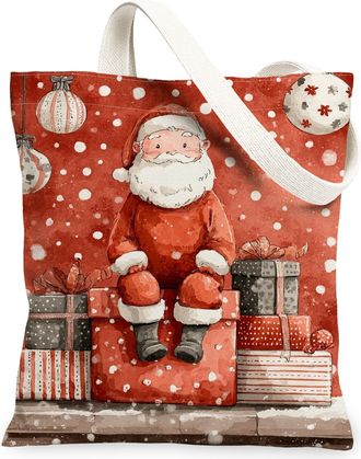 Generic Christmas Canvas Tote Bags, Festive Santa Design Reusable Shopping Bags, Cute Holiday Lightweight Washable Shoulder Strap Canvas for Gifts, Travel, an