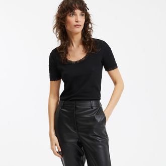La Redoute Collections T-shirt met ronde hals en kanten detail, korte mouwen