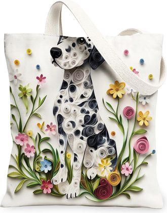 Generic Paper Quilling Dalmatian Dog Canvas Tote Bag for Shopping 13x15, Fun Wildflower Puppy Reusable Grocery Print Pattern Bag for Women, Pet Beach Aestheti
