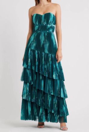 Hutch Lanza Strapless Tiered Tulle Gown In Teal Bloom