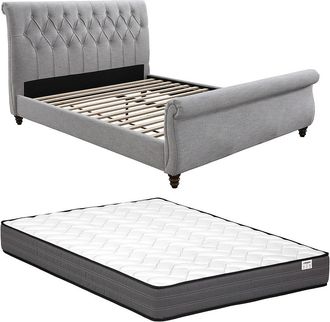 Vente-Unique Cama 160 x 200 cm con cabecero acolchado - Gris + Colch&oacute;n - BALANSANO