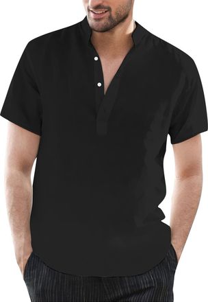 Generic Henley Shirts for Men Short Sleeve Cotton Linen Shirt Stand Up Collar T-Shirts Button Down Tops 2025 Summer Beach Tee Camisas De Hombre Manga Corta(Bl