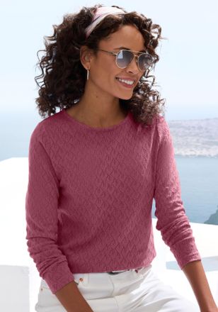 Vivance Langarmshirt VIVANCE mit modischem Ajour-Muster, Damen, Gr. 36/38, lila (beere), Feinstrick, Obermaterial: 60% Baumwolle, 40% Polyester, Basic schmal 