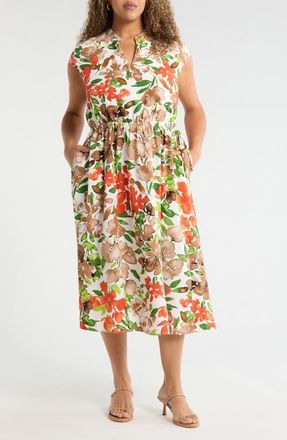 Kasper Floral Print Drawstring Midi Dress in Vanilla Ice Multi at Nordstrom, Size 16W