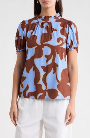 Sugarlips Briley Abstract Elary Puff Sleeve Top in Brown-Blue at Nordstrom, Size X-Large