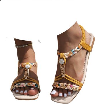 Generic Womens Strappy Flat Sandals Dressy Summer 2026 Open Toe Casual Bohemian Orthopedic Ankle Strap Flip Flops Comfortable Wide Width Jeweled Beaded Beach 