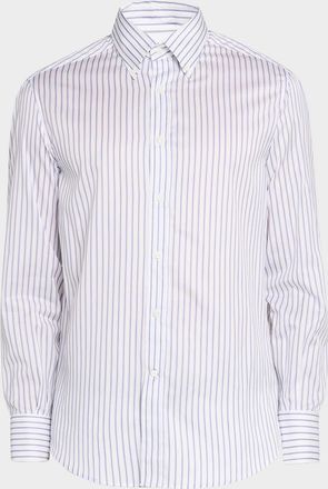 Brunello Cucinelli Mens Stripe Cotton Slim-Fit Button-Down Shirt
