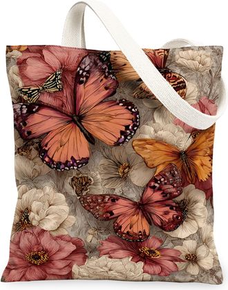 Generic Butterfly Floral Canvas Tote Bags, Flower Pattern Reusable Grocery Bags, Spring Vintage Lightweight Washable Shoulder Strap, Peach, 13x15 Inch