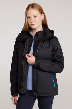 Mountain Warehouse Bracken Womens Extreme 3 in 1 Waterproof Jacket Warm Inner Fleece Winter Coat Black