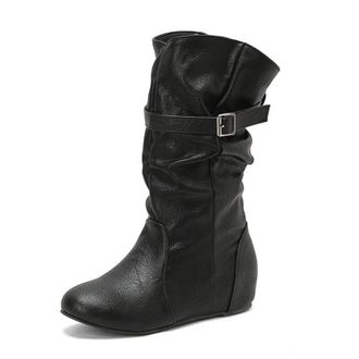 Generic Womens Pull on Slouch Mid-Calf Boots Round Toe PU Leather Casual Boots Wedge Heel Western Boot with Buckle,Black,10.5 UK