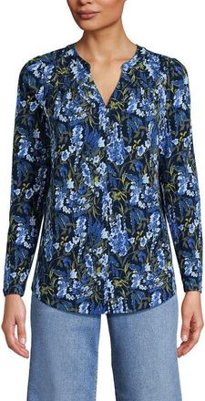 Lands End Long Sleeve Lightweight Jersey Notch Neck Tunic Top in Deep Sea Multi Floral at Nordstrom, Size X-Small P
