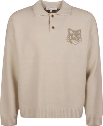 Maison Kitsun&eacute; Fox Head Intarsia Wool Polo Sweater