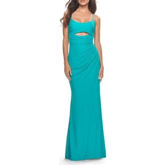 La Femme Cut Out Soft Jersey Dress with Lace Up Back in Aqua at Nordstrom, Size 12