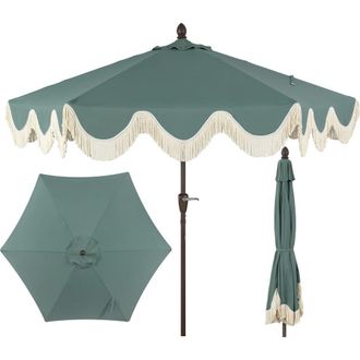 Jonathan Y Designs Collins 9 ft. Classic Cottage Fringe Tassel Market Patio Umbrella with Auto-Tilt Crank in Green/cream at Nordstrom