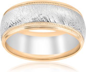 Pompeii3 14k White & Yellow Gold Mens Comfort Wedding 8MM Two Tone Etched Two Tone Band Size Selectable