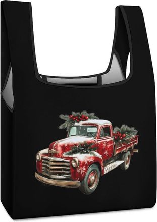 Generic Vintage Christmas Truck Reusable Shopping Bags Lightweight Foldable Grocery Bag Polyester Washable Tote Bag