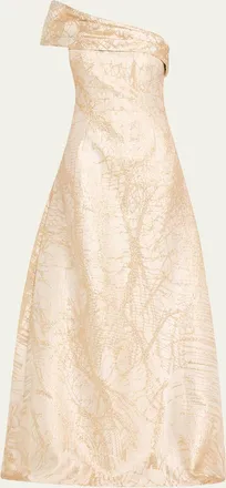 Teri Jon One-Shoulder Metallic Jacquard Gown