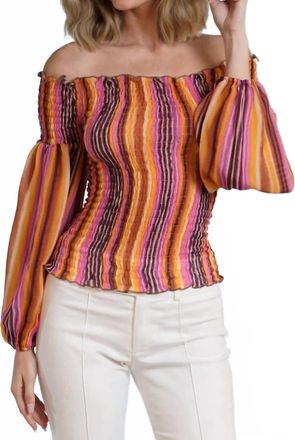 Lola & Sophie Womens Smocked Off The Shoulder Top In Orange Print
