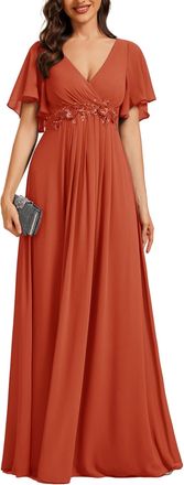 Ever-pretty Womens Chiffon V Neck Short Sleeves Appliques Prom Evening Dresses Burnt Orange 24UK