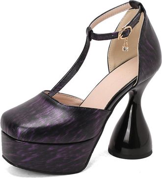 Generic Womens Platform Flared Heel T-Strap Ankle Strap Pumps Square Toe Marbled Pattern Adjustable Buckle Crystal Charm Smooth Upper Soft Insole Non-Slip Sho