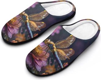 Generic Dragonfly on Flower Funny Mens Cotton Slippers Soft Non-Slip Rubber Sole House Slipper Indoor Outdoor