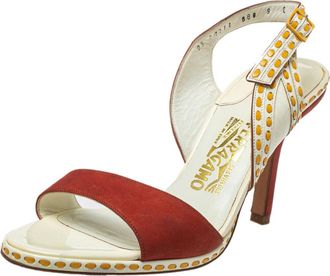 Ferragamo Orange/white Patent And Leather Slingback Sandals