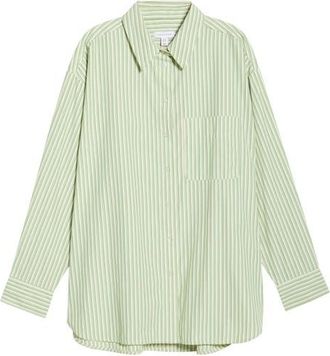 Topshop Oversize Stripe Cotton Button-Up Shirt in Green Multi at Nordstrom, Size 12 Us